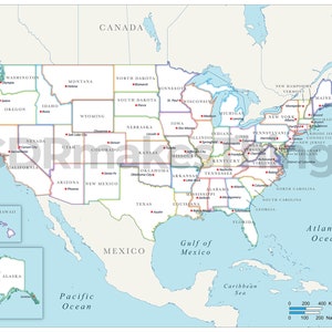 Digital political map of the United States of America, including all 50 states and state capitals | High-Resolution map for self-printing
