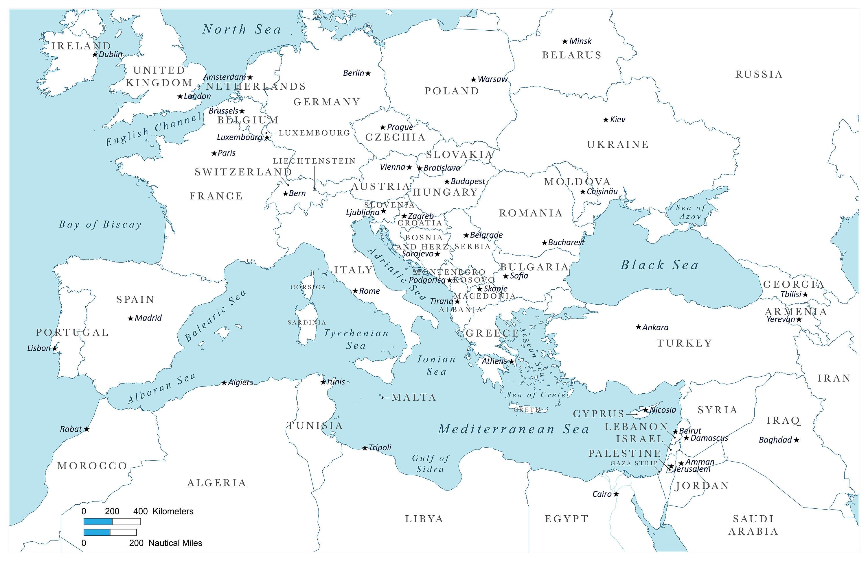 High Resolution Digital Color Map of the Mediterranean Sea and Surrounding  Region High-resolution Map for Self-printing 