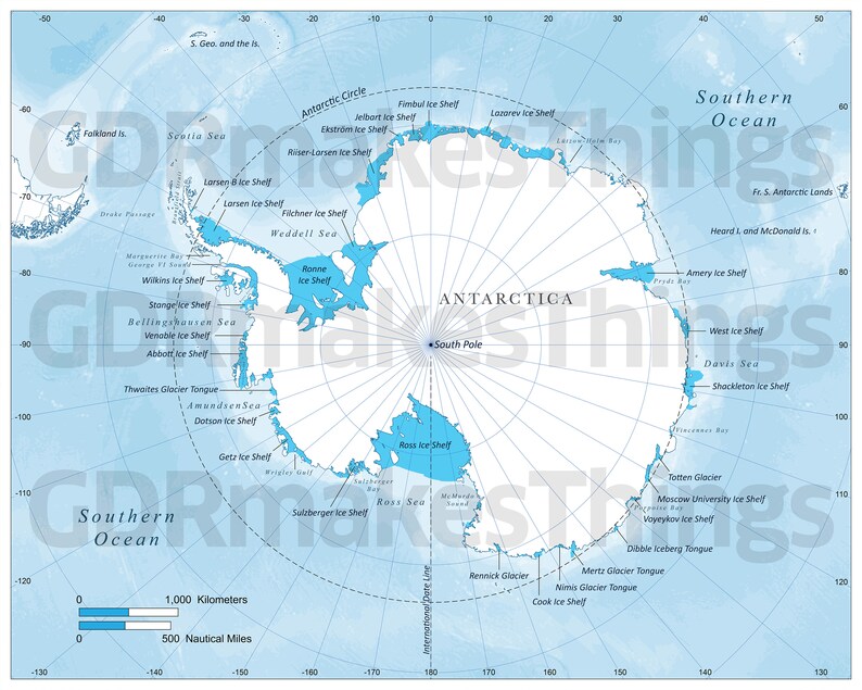 16 inch x 20 inch at 300 dpi watermarked version of Antarctica. Note: Final downloaded maps will have watermark removed.