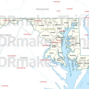 High resolution digital color map of the counties of the state of Maryland | High-Resolution map for self-printing.