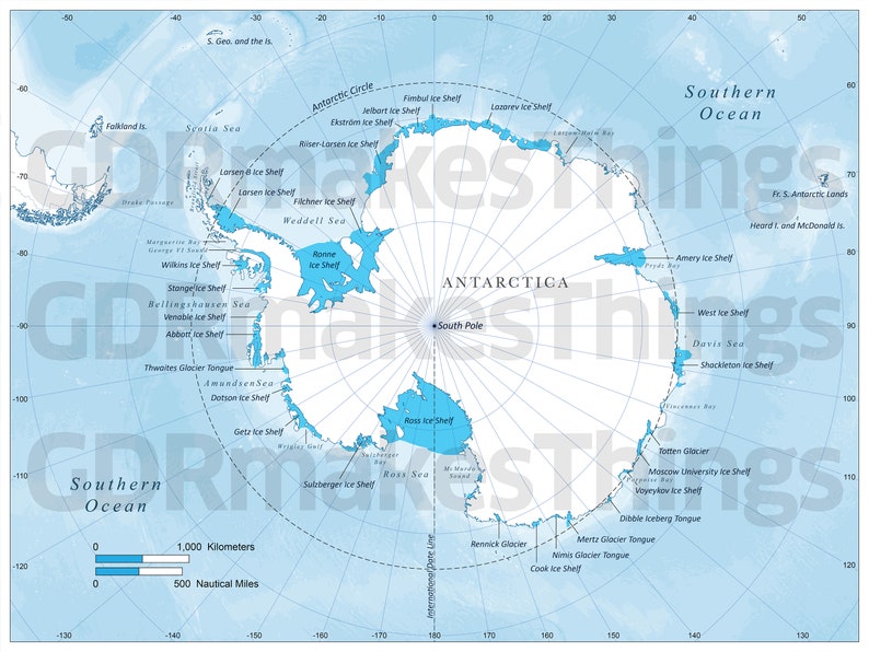 18 inch x 24 inch at 300 dpi watermarked version of Antarctica. Note: Final downloaded maps will have watermark removed.