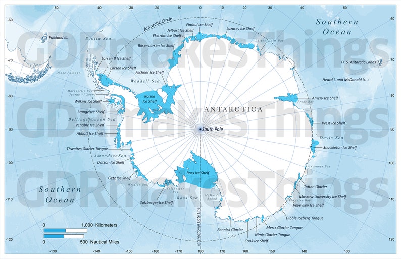 11 inch x 17 inch at 300 dpi watermarked version of Antarctica. Note: Final downloaded maps will have watermark removed.