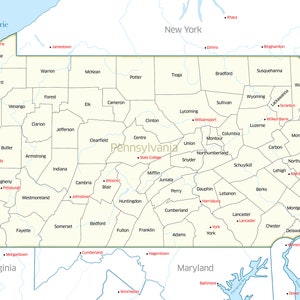 Hochauflösende digitale Farbkarte der Landkreise des Bundesstaates Pennsylvania Hochauflösende Landkarte zum selbst ausdrucken.
