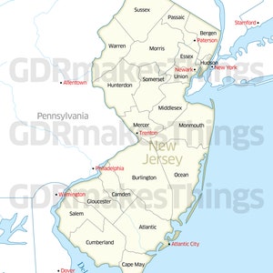 Carte numérique couleur haute résolution des comtés de l'État du New Jersey | Carte haute résolution pour auto-impression.