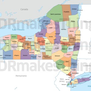 Carte couleur numérique haute résolution des comtés de l'État de New York | Carte haute résolution pour impression automatique.