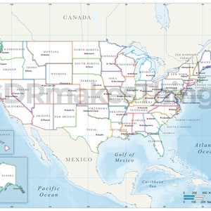Digital political map of the United States of America, including all 50 states and state capitals | High-Resolution map for self-printing