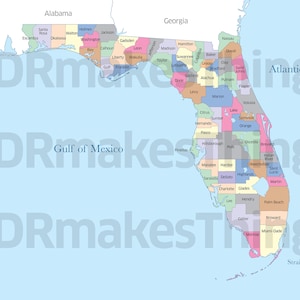 Digitale kleurenkaart met hoge resolutie van de provincies van de staat Florida | Kaart met hoge resolutie om zelf af te drukken.
