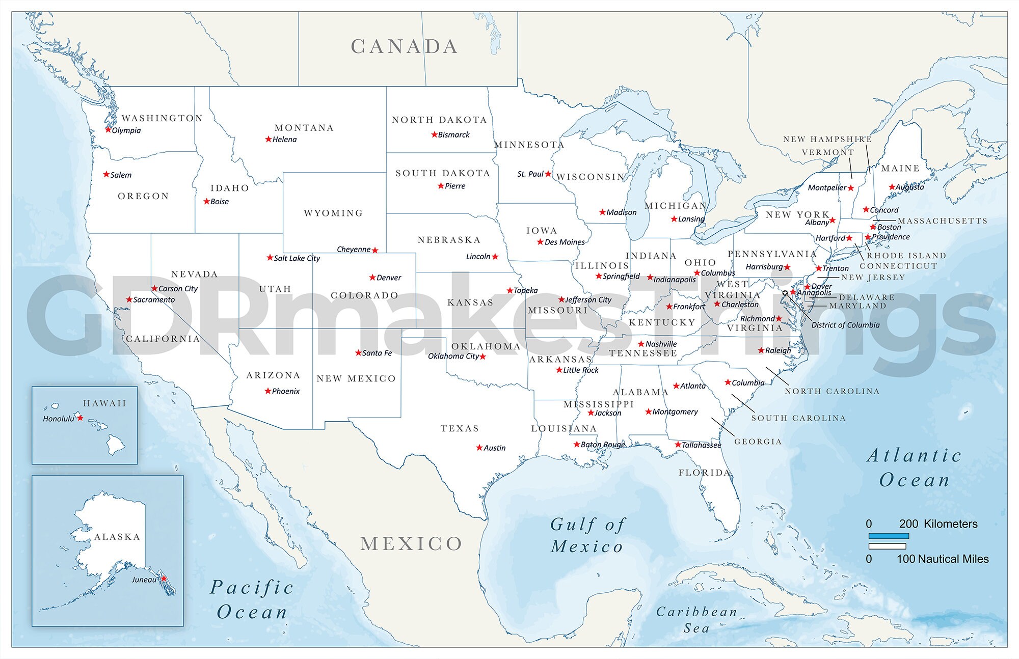 アメリカ合衆国のデジタル地図（全 50 州と州都を含む） | 自分で印刷