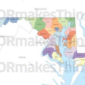 High resolution digital color map of the counties of the state of Maryland | High-Resolution map for self-printing.