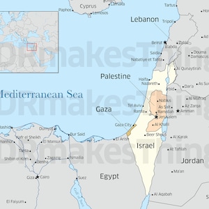 Digitale kaart van het oostelijke Middellandse Zeegebied, inclusief Israël, Palestina, Libanon en Gaza. Dit is een kaart met hoge resolutie die u zelf kunt afdrukken.
