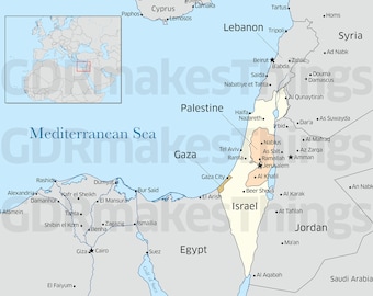 Digital map of the Eastern Mediterranean including Israel, Palestine, Lebanon, and Gaza. This is a high-Resolution map for self-printing.