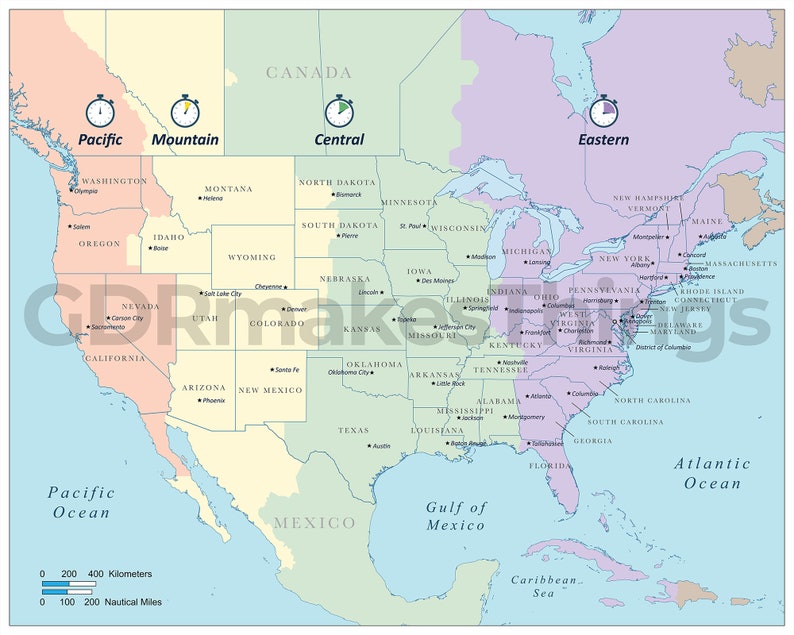 Digital Map of the Continental United States, Showing 4 Time Zones ...