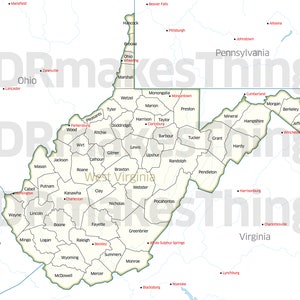 Hochauflösende digitale Farbkarte des Bundesstaates West Virginia einschließlich der Grafschaftsgrenzen | Hochauflösende Landkarte zum selbst ausdrucken.