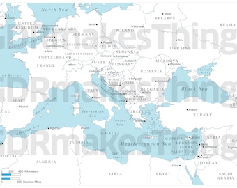 Carte numérique couleur haute résolution de la mer Méditerranée et de ses environs | Carte haute résolution pour auto-impression