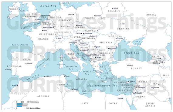 High resolution digital color map of the Mediterranean Sea and surrounding region | High-Resolution map for self-printing