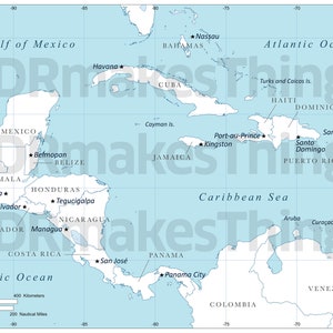 Digitale Landkarte von Mittelamerika und der Karibik | Hochauflösende Landkarten zum selbst ausdrucken