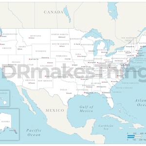 Digitale Landkarte der Vereinigten Staaten von Amerika, mit allen 50 Bundesstaaten und Landeshauptstädten | Hochauflösende Landkarte zum selbst ausdrucken