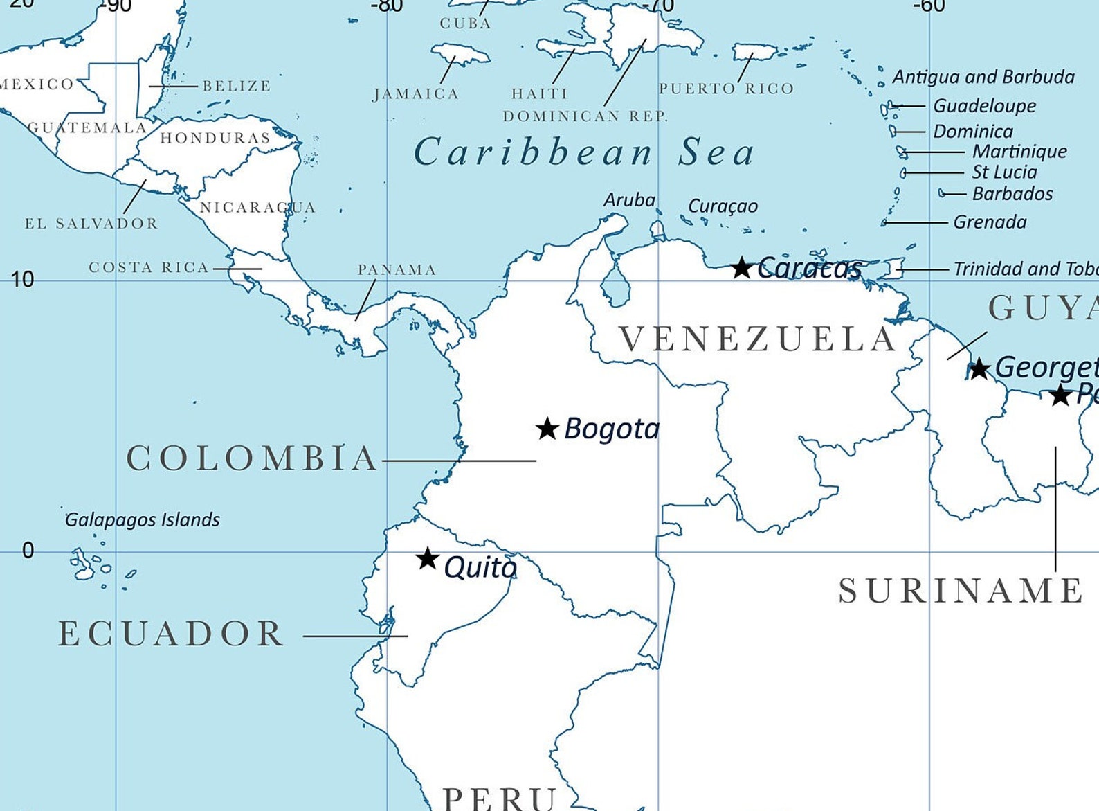 High Resolution Digital Color Map of South America, Including Countries