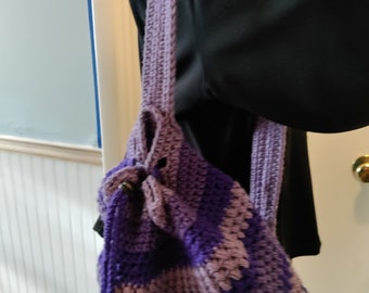 Backpack style cinch bag in Purple using Mini Bean stitch