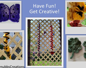 Peut inclure: Un collage d'objets en crochet, dont un papillon violet, une abeille jaune et noire, une spirale rouge et noire, un trèfle à quatre feuilles vert et une fleur jaune et noire. Le texte "Have Fun! Get Creative!" est affiché au centre de l'image.