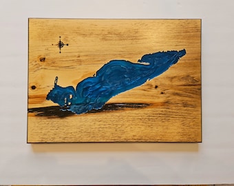 Rustic Lake Erie Map Art - Carving - Epoxy Inlay - 16"x12"x1"