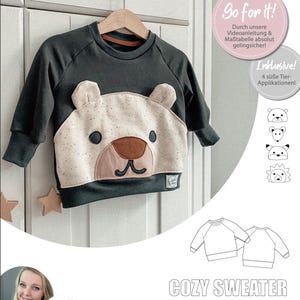 Maglione accogliente taglia 62-134, modello di cucito e istruzioni per maglione per bambini con applicazione di animali