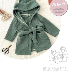 May include: A green hooded bathrobe with a tie belt and frog ears. The robe has a pocket on each side. The text "Go for it!" is visible in the image. The text "Durch unsere Videoanleitung & Maßtabelle absolut gelingsicher!" is also visible in the image. The text "Bademantel Killian" is visible in the image.