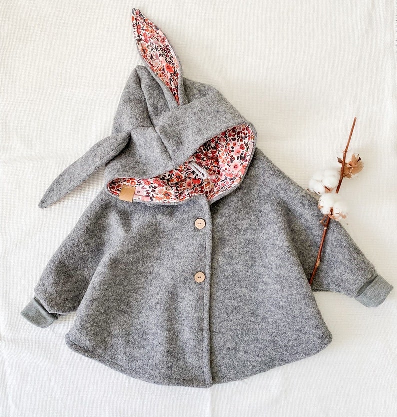 Cape jacket Maria size. 86-134, digital sewing pattern for children, wool jacket, rabbit ears, hooded jacket image 1