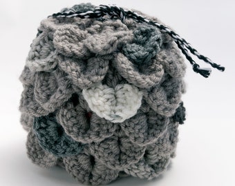 Large Crochet Gray Dragon Egg Drawstring Dice Bag Black White Accents