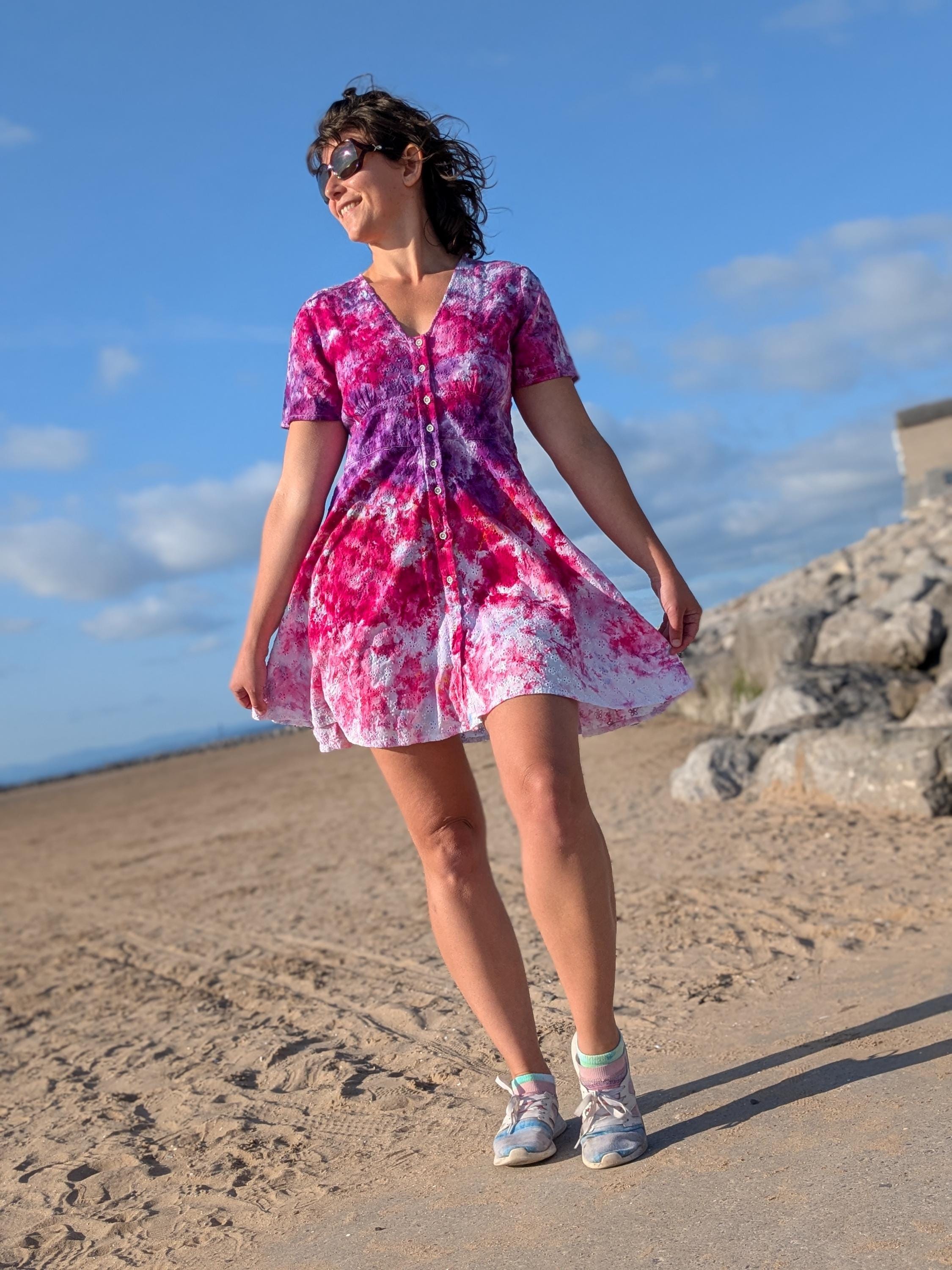 pink and purple tie dye dress Pink-purple ombre tie dye dress with lace details