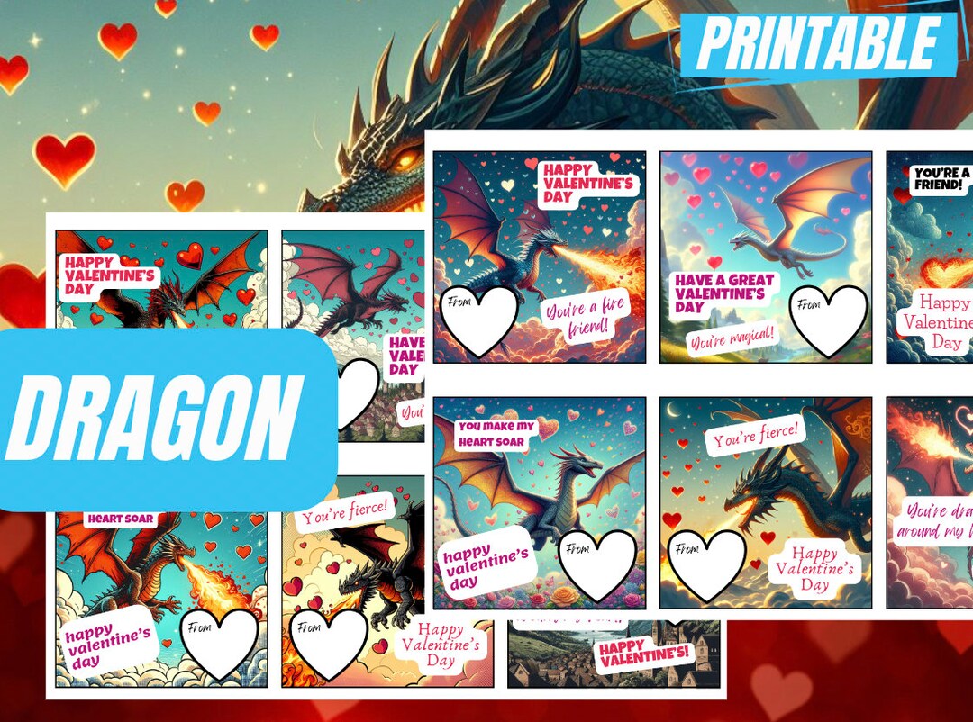 Dragon Valentines Printable Kids Cards Magical Dragon Kids Classroom ...