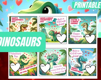 Dinosaur Valentine's Day Cards Printable  | Dinosaur Kids Classroom Valentines Cards - 6 Printable Designs School Valentine Cards