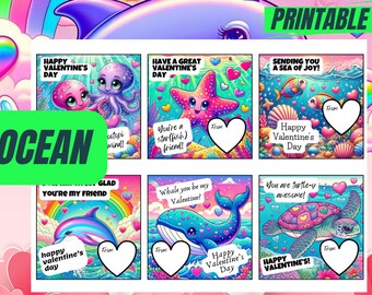 Sea Valentine's Day Cards Printable  | Ocean Kids Classroom Valentines Cards - 6 Printable Designs School Valentine Cards