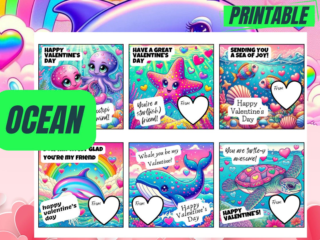 Sea Valentine's Day Cards Printable Ocean Kids Classroom Valentines