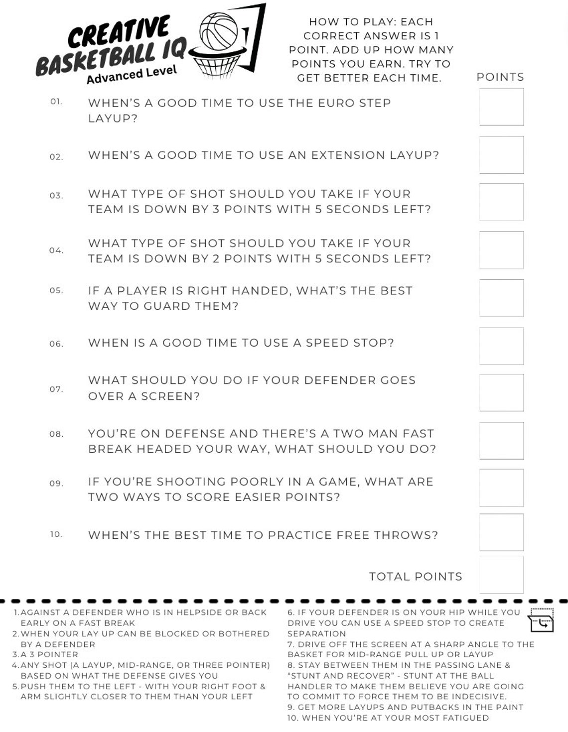 Basketball IQ Card Game Printable ADVANCED Level Fun for Basketball