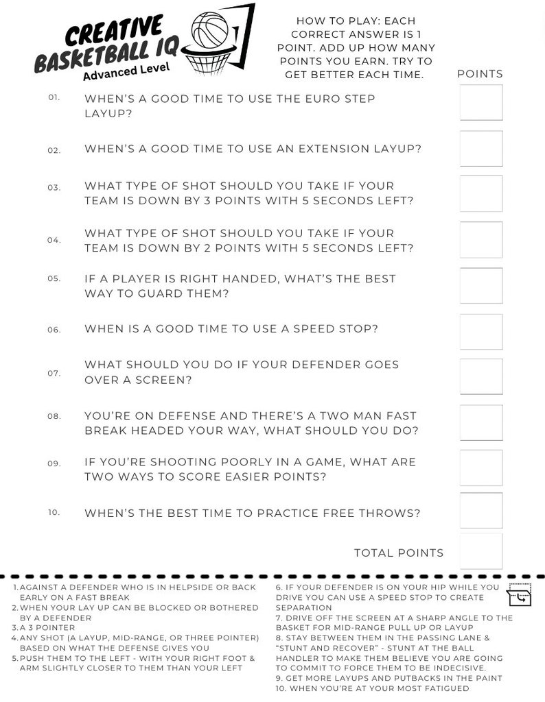 Basketball IQ Card Game Printable ADVANCED Level Fun for Basketball