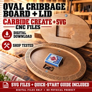 Può includere: Una tavola da cribbage ovale in legno con coperchio abbinato, dotata di un percorso di gioco e uno scomparto centrale. Un mazzo di carte Bicycle e pioli metallici sono all'interno. Testo OVAL CRIBBAGE BOARD + LID.