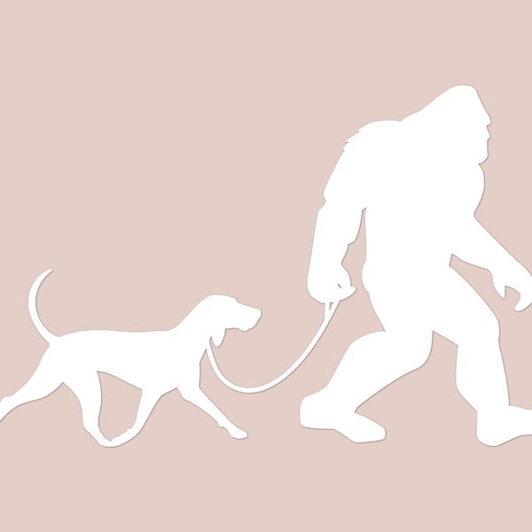 Bigfoot and Coonhound Decal: Sasquatch Dog Walker Vinyl Sticker