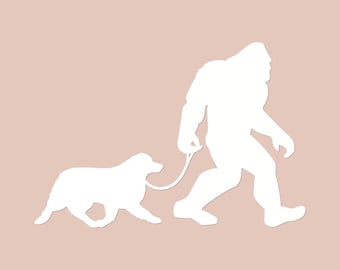 Bigfoot Walking Australian Shepherd Decal: Sasquatch Dog Walker Sticker
