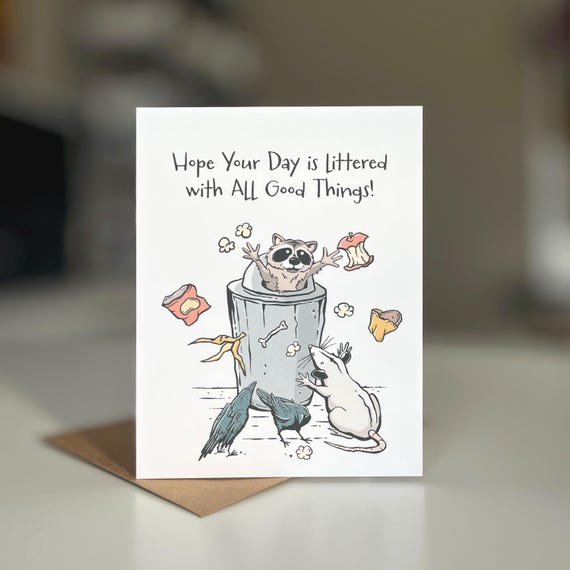Party Animal Birthday Card: Raccoon, Possum, Crows - Kraft Envelope
