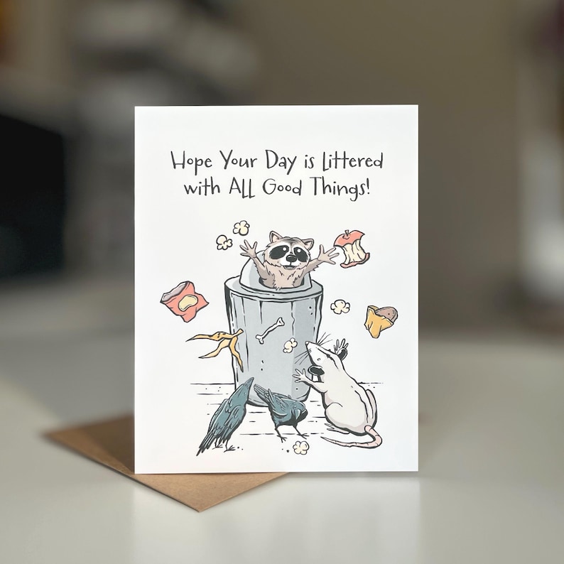 Party Animal Birthday Card: Raccoon, Possum, Crows - Kraft Envelope Bild 1