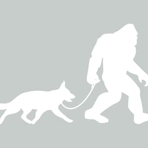 Bigfoot Dog Walker with German Shepherd Car Truck Window Decal | Sasquatch and Pet Laptop, Water Bottle Sticker