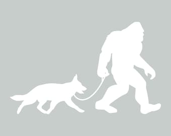 Bigfoot and German Shepherd Decal: Sasquatch Dog Walker Sticker