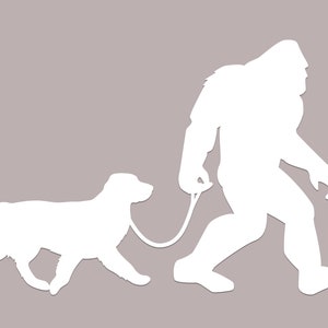 Bigfoot Dog Walker with Golden Retriever Car Truck Window Decal | Sasquatch and Pet Laptop, Water Bottle Sticker