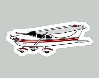 May include: A white single-engine airplane with red stripes on the fuselage and wings. The plane has a propeller on the front and three landing gear wheels.