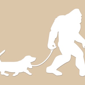 Bigfoot Dog Walker with Basset Hound Car Truck Window Decal | Sasquatch and Pet Laptop, Water Bottle Sticker