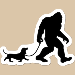 Bigfoot Walking Dachshund Waterproof Sticker: Sasquatch Wiener Dog Decal