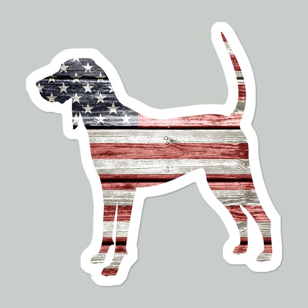 Patriotic Coonhound Dog with Rustic American Flag Vinyl Sticker | USA Hound Sticker |  Laptop Sticker | Water Bottle Sticker | Car Decal