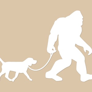 Bigfoot Dog Walker with Beagle Car Truck Window Decal | Sasquatch and Pet Laptop, Water Bottle Sticker