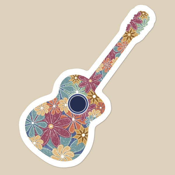 Acoustic Guitar with Floral Pattern Vinyl Sticker | Music Lover Guitar Case Sticker | Water Bottle and Car Decal